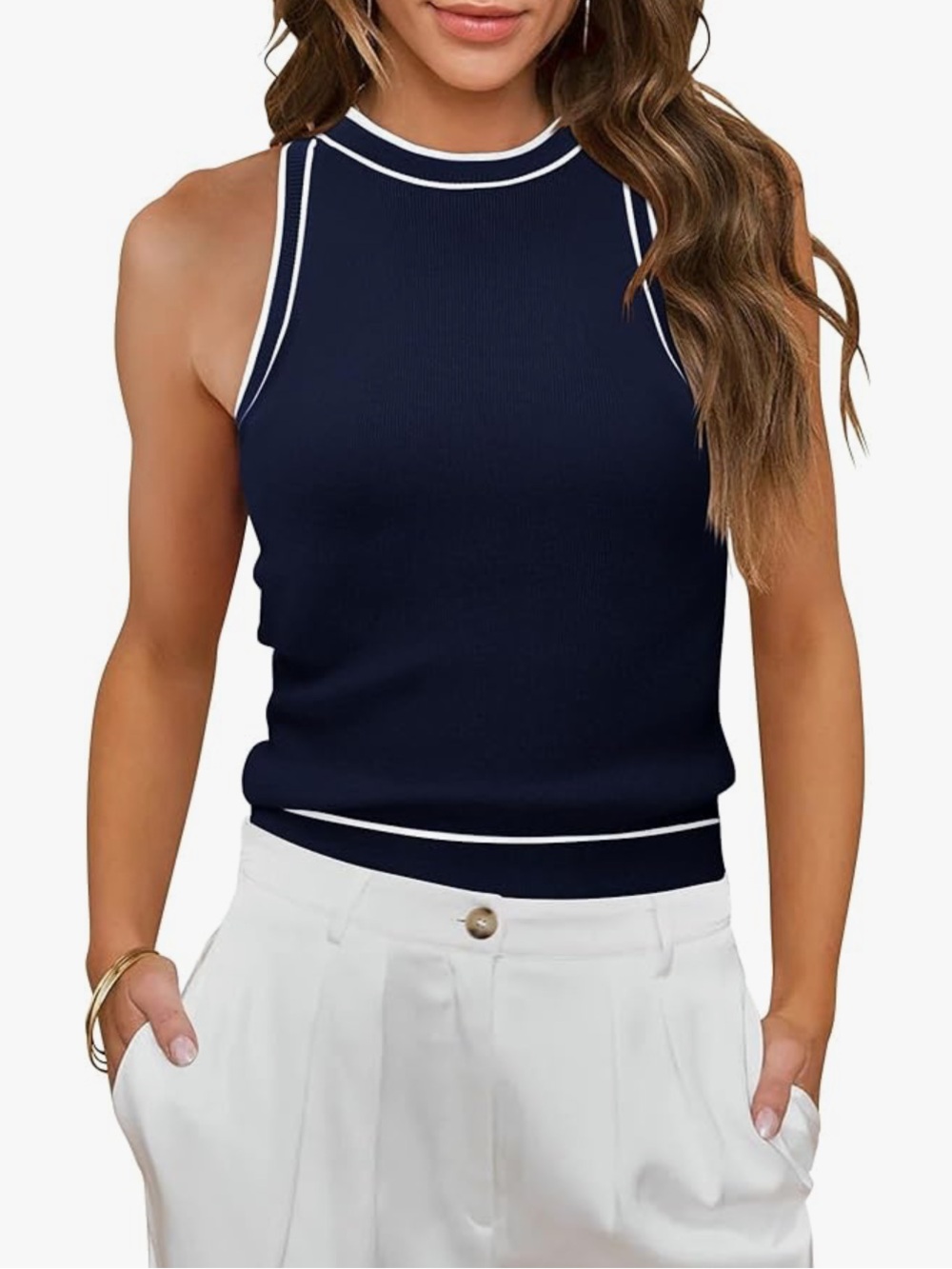 Miholl - High-neck Cutaway Sweater Tank - blue/white - size L